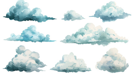 Set of watercolor clouds on a transparent background. Watercolor illustration. Clipart PNG - obrazy, fototapety, plakaty