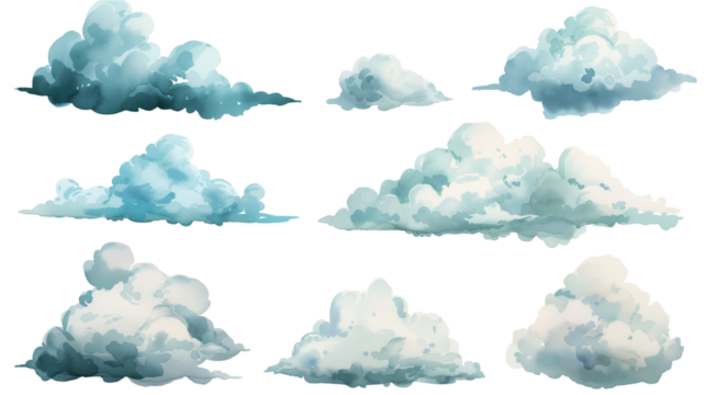 Set of watercolor clouds on a transparent background. Watercolor illustration. Clipart PNG