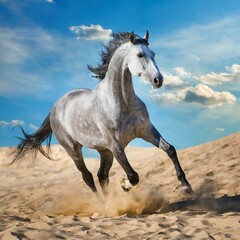 Obraz na płótnie Canvas Grey horse run gallop in desert sand against blue sky 