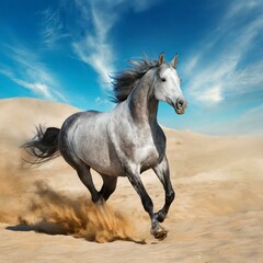 Obraz na płótnie Canvas Grey horse run gallop in desert sand against blue sky 
