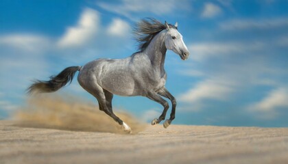Grey horse run gallop in desert sand against blue sky 