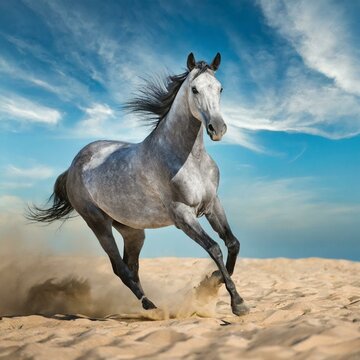 Grey horse run gallop in desert sand against blue sky © Turan