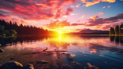 Tuinposter Tranquil Lake with a Stunning Sunrise and Vibrant Colors © Graphics.Parasite