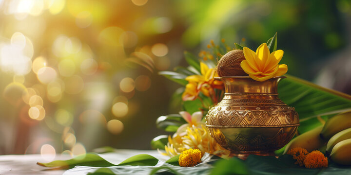 Festive kalash. Pot with coconut, mango leaves, flowers and fruit. Holiday concept.  Design for seasonal greeting card, event invitation. Festive banner with copy space.