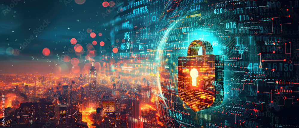 Wall mural secure digital world background, cyber lock padlock and code in abstract dark data space, protection