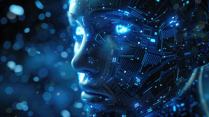 AI like humanoid cyborg or android, smart robot with tech vision, futuristic artificial intelligence on blue background. Concept of digital technology, art, face, danger, war, future