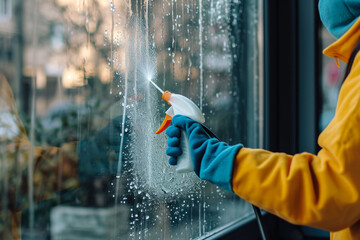 person cleaning a window in a house with a spray and a cloth
