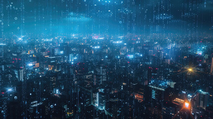 Fototapeta na wymiar Abstract smart city background, network digital code like rain against modern buildings at night. Concept of connect, iot, cyberpunk, future, data, cyber technology