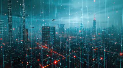 Abstract smart city background, network digital lines like rain against modern buildings at night. Concept of connect, iot, cyberpunk, future, energy, cyber technology