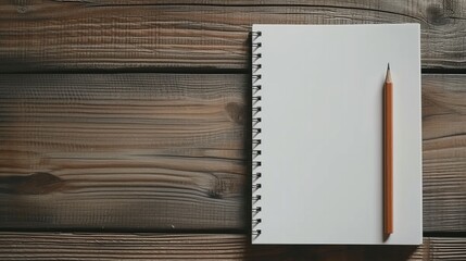 Blank white paper spiral notebook and pencil on wooden desk, top view stationery mockup