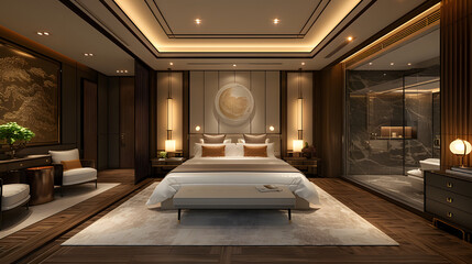 An opulent and modern bedroom interior, featuring a large bed with premium bedding, sophisticated furniture, artistic wall accents, and warm ambient lighting creating a cozy atmosphere - obrazy, fototapety, plakaty