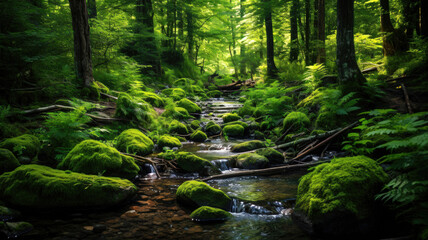 Lush Greenery and a Gentle Stream in a Tranquil Forest Scene