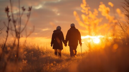 Happy elderly couple talking a walk in nature at golden hour