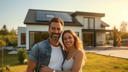 Happy couple in front of their modern home