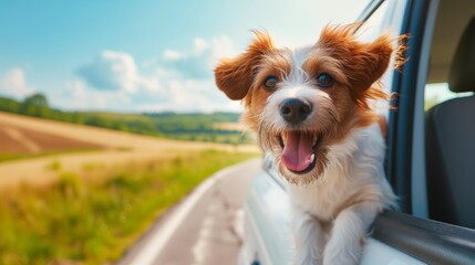Happy small dog leaning out of a driving car enjoying summer 