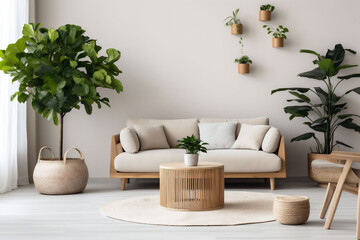 The living room has a comfortable couch, round wooden table, and a variety of houseplants, promoting a peaceful vibe. Ideal for illustrating minimalist lifestyle articles.