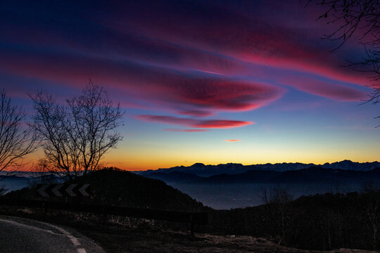 Colorful sunset, whit bare trees and pink clouds. Alps silhouette in the background. (View from Mottarone mountain - Piedmont - Italy).