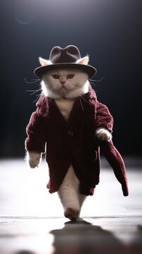 A white cat in the shape of a front, wearing a fashionable  maroon costume and black hat, walking on the runway, movie texture