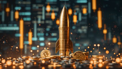image featuring a gleaming golden rocket with cryptocurrency coins like Bitcoin against a backdrop of rising and falling stock candles in a dark - obrazy, fototapety, plakaty