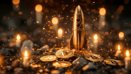 image featuring a gleaming golden rocket with cryptocurrency coins like Bitcoin against a backdrop of rising and falling stock candles in a dark