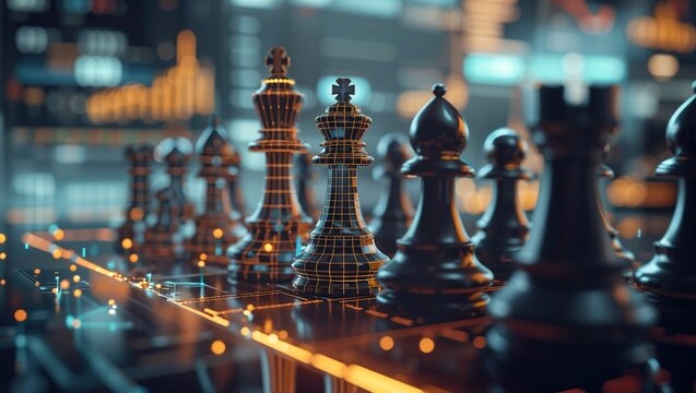Visuals representing strategy, planning, chess pieces symbolizing strategic moves, graphs, and analytics