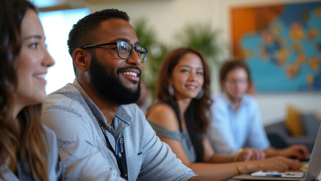 Photos of diverse teams, collaborative work environments, office spaces, and team-building activities