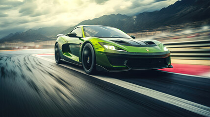 Thrilling shot of a light green and black sports car making a sharp turn on a race track