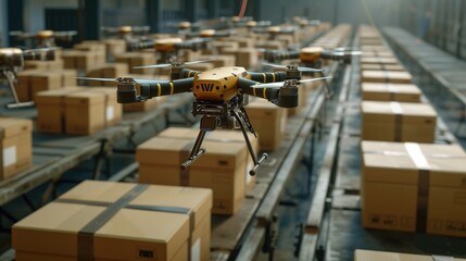 Naklejka premium Drone quadcopter with digital camera on the conveyor belt in warehouse