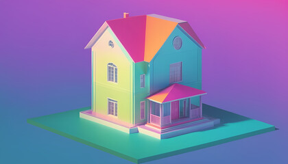 Fototapeta premium Isometric view of a detached single-family house in very colorful color combinations of the eighties