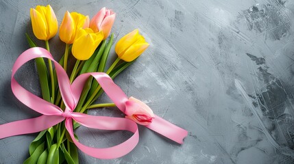 March 8 is International Women's Day. Figure eight of pink ribbon with beautiful yellow tulips on a gray background. Space for text  