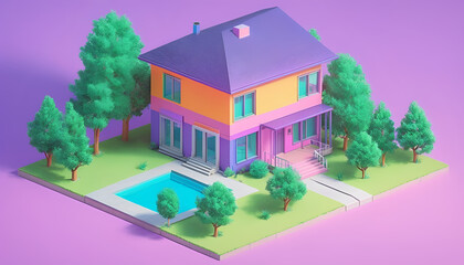 Isometric view of a detached single-family house in very colorful color combinations of the eighties