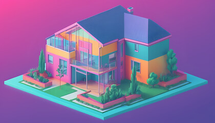 Fototapeta premium Isometric view of a detached single-family house in very colorful color combinations of the eighties