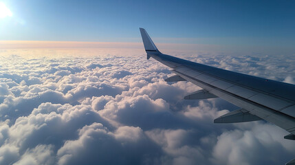 Wing of an airplane flying above the clouds. View from the window. High quality photo