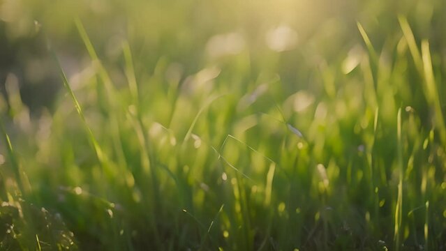 Grass blades glistening in the morning sun, with dew drops casting a faint glow.
