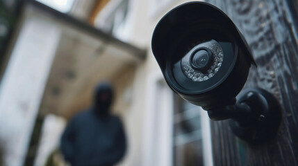 Closeup of a black electronic security camera placed in front of the house, recording and monitoring, blurred thief or burglar in black clothes blurred, house protection, movement tracking outside