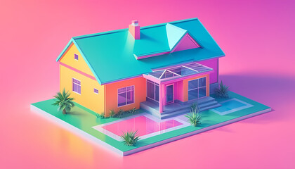 Isometric view of a detached single-family house in very colorful color combinations of the eighties