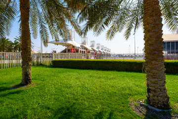 View from a small garden area of the main grandstand at the Bahrain Formula One track in Sakhir,...