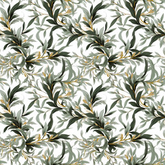 Seamless pattern with olive leaves, green shoots on white background.