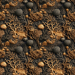 Seamless pattern of seabed with tropical coral, algae, pisces and shellfish. Decorative imprint with patina.