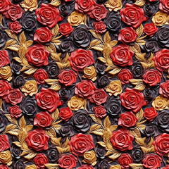 Seamless pattern with roses bloom, red, black and gold flowers, leaves, relief ornament, embossed surface.