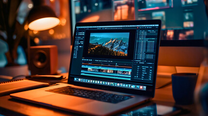 Video editing software or program opened on a laptop device monitor display screen placed on a table or desk in a home room or office interior, daytime sunlight, movie sequence, freelance work - obrazy, fototapety, plakaty