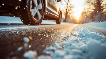 Closeup low angle of a car tire passing by on snowy asphalt road in cold weather winter season. Automobile vehicle wheel on the street, frozen road transportation driving