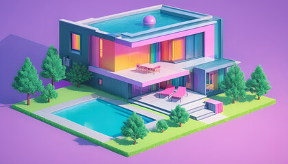 Isometric view of a detached single-family house in very colorful color combinations of the eighties