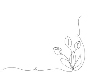 Corner element in minimalist style. Bouquet tulip flowers drawn by one line. Sketch. Continuous line drawing floral pattern. Design for wedding flyer, blank, template. Beauty vector illustration.