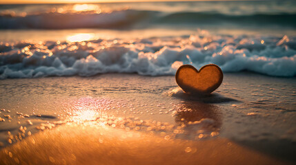Heart shape made of sand on a beach on a sunny summer day near the clean transparent seawater waves. Holiday love and romance, honeymoon travel, ocean shore, no people, nobody - obrazy, fototapety, plakaty