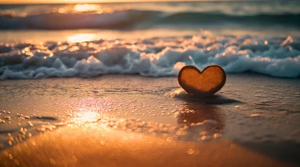 Foto op Plexiglas Heart shape made of sand on a beach on a sunny summer day near the clean transparent seawater waves. Holiday love and romance, honeymoon travel, ocean shore, no people, nobody © Nemanja