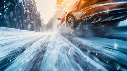 Closeup low angle of an orange car passing by on snowy asphalt road in cold weather winter season. Automobile vehicle wheel on the street, frozen road transportation driving - obrazy, fototapety, plakaty