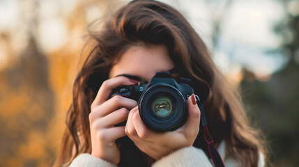 Closeup of a young woman holding a black camera device, taking a photo or a picture of a autumn or fall season forest, orange leaves. Female professional photographer work, nature photoshoot - Powered by Adobe
