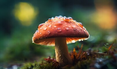 A mushroom with a pink cap covered in dew.