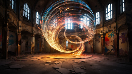 Spiraling Light Orbs in Derelict Hall with Graffiti